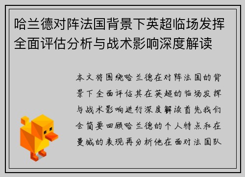 哈兰德对阵法国背景下英超临场发挥全面评估分析与战术影响深度解读
