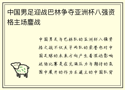 中国男足迎战巴林争夺亚洲杯八强资格主场鏖战